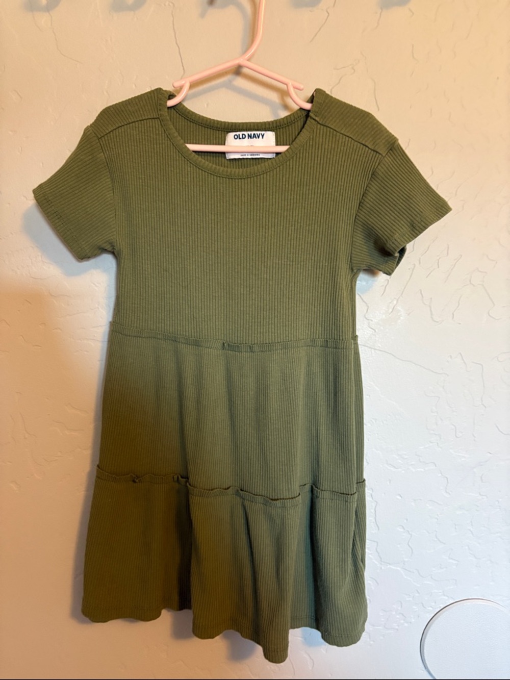💛 Old Navy Olive Ribbed Short Sleeve Tiered Girls Dress